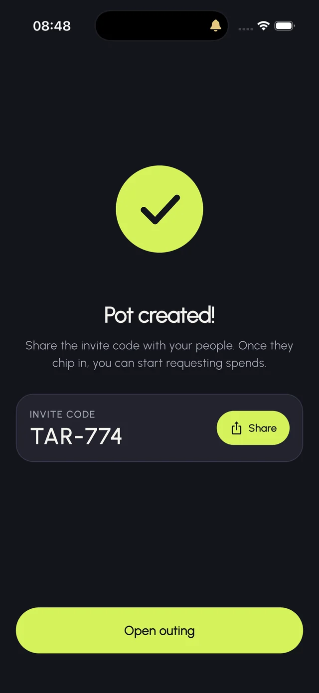 A new pot created in Dawo with its invite code