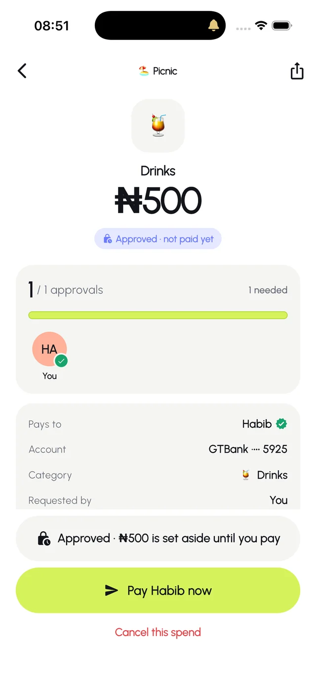 A spend in Dawo approved by the group and ready to pay